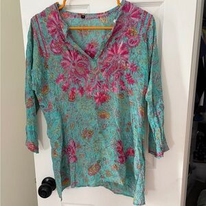 Silk Embroidered Tunic Floral V-Neck Women's Top - Turquoise and Pink